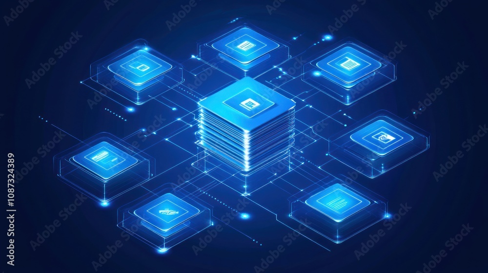 Poster a digital representation of interconnected data stacks and icons, symbolizing technology and network