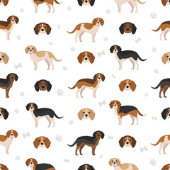 Obraz premium Beagle Cavalier King Charles Spaniel mix. Beaglier seamless pattern. Different coat colors set. Vector illustration