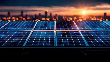 A vibrant sunset casts light on solar panels, highlighting renewable energy's role in urban landscapes.