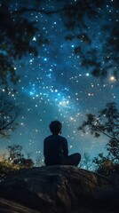 Fototapeta premium A young boy gazes at a star-filled sky from a rock, lost in wonder.