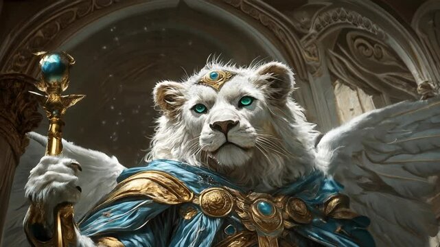 Anthropomorphic white lion with wings, wearing a golden crown, armor and a blue cape, holding a staff with a blue gem. Its eyes are blinking