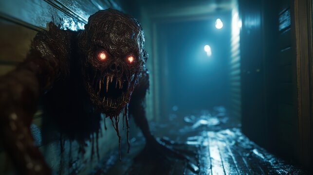 A terrifying creature with glowing eyes and sharp teeth emerges from the shadows in a dimly lit corridor, instilling fear and dread in a horror scenario.