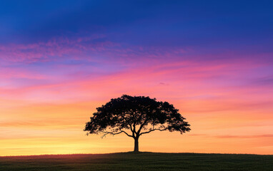 A solitary tree stands against a vibrant sunset, showcasing an array of colors in the sky, symbolizing tranquility and natural beauty.