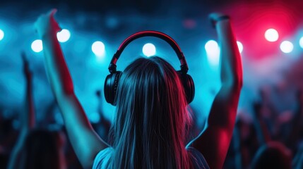 A music lover immersed in sound, wearing headphones and raising their arms, surrounded by a vibrant atmosphere of colorful lights during a thrilling music event.
