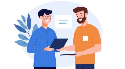 Two individuals are engaged in a conversation, one holding a laptop and the other a tablet, in a friendly, professional setting.