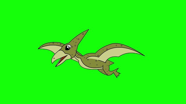 Animated video of a pterodactyl flying in the jungle on a green background, primitive, art.