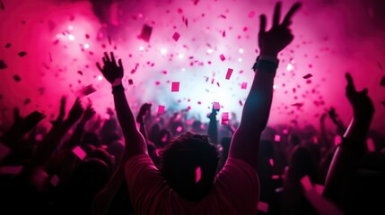 A person revels in a celebration amidst a pink haze filled with confetti, signifying joyous festivities, unity, and the exuberance of a live concert experience.