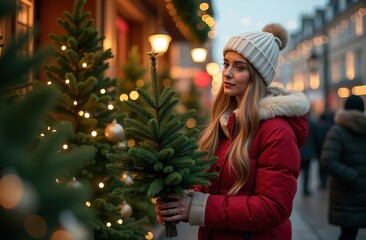 A girl is holding a small Christmas tree in her hands. The girl is standing next to a large ornate Christmas tree.