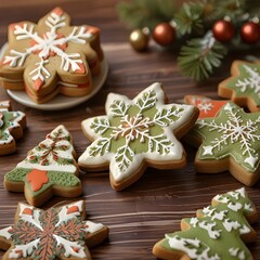 Snowflake decorated Christmas gingerbread cookies on table. 