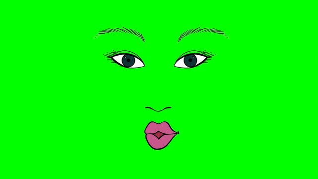 Cartoon eyes, brows,nose and talking mouth or girl or woman face on green screen for insert, chroma key green screen motion graphics stock video 3D animation. Ultra high resolution. lip syncing Facial