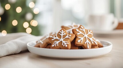 A festive plate of snowflake-shaped cookies decorated with icing, perfect for holiday celebrations, sits on a cozy table setting.