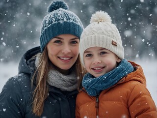 Happy Winter Family Portrait: Mother and a Kid Smiling Together in Snowy Weather, Wearing Winter Clothes, Gloves, and Ice Caps in Blurred Snowy Background