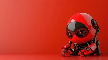 A futuristic shiny red robot is centered on a vibrant red background, displaying intricate mechanical details, representing technology and innovation.