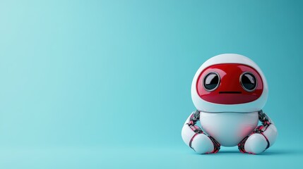 A cylindrical white robot with a vivid red face and cylindrical arms, set against a tranquil blue backdrop, merging simplicity and futuristic design.