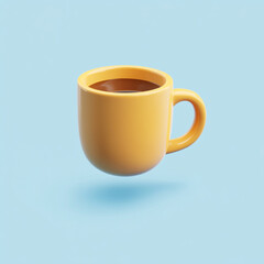3D icon of a coffee mug floating in the air, yellow in color with a blue background. 
