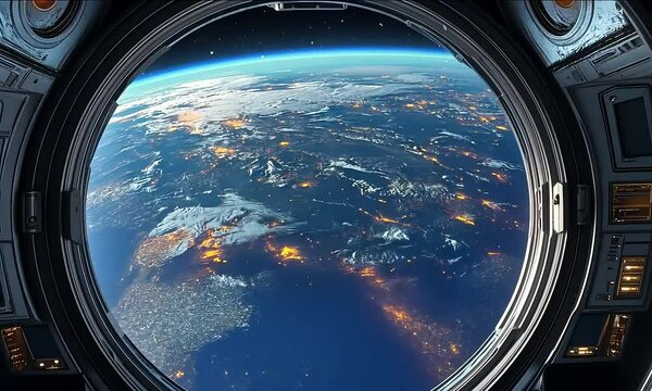 Space Station View: Planets, Spacecraft, and Planet Earth Visible Through the Window, with a Shuttle and Exploration Module
