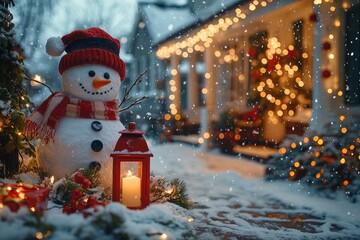 Obraz premium Beautiful winter scene with snowman, red lantern, candles, and falling snow, Christmas lights inside creating a warm festive atmosphere.