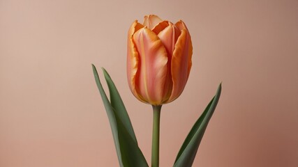 Fototapeta premium A vibrant orange tulip with delicate petals stands tall against a soft neutral background showcasing its natural beauty and elegance