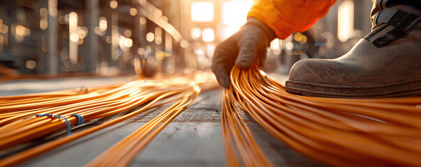 AR overlay of electric wiring on a building site, An industrial worker handling orange electrical cables in a construction site, showcasing the intricacies of modern infrastructure.
