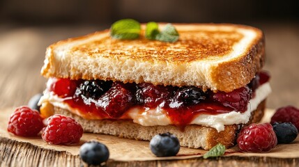 A delectable toasted sandwich filled with creamy layers and a rich blend of berries, enhanced by fresh mint for an inviting and satisfying taste sensation.