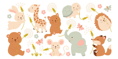 Cute happy animals characters holding fluffy dandelions flower playing outdoors natural set