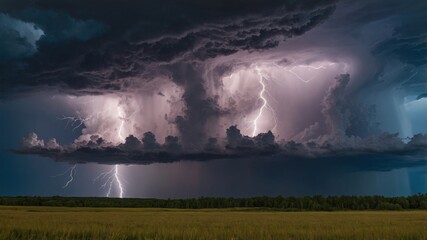 Dramatic lightning strikes illuminate dark storm clouds over a vast green field during a summer thunderstorm in the late afternoon
