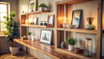 Fototapeta premium Warm candlelight illuminates a wooden shelf, adding a touch of tranquility to a thoughtfully curated space.