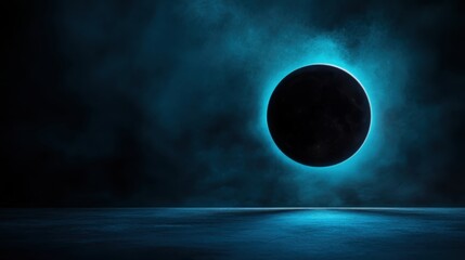 A captivating black circle floats in space, surrounded by a glowing blue aura, hinting at mystery and the unknown against a cosmic backdrop in the night sky.