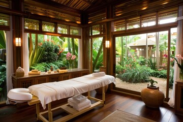 Spa Room Creates Tranquil Ambiance with Natural Light and Lush Garden Views