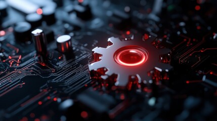 A prominently glowing gear set against a high-tech circuit board, shining intensely red, representing the fusion of technology and innovation in modern life.