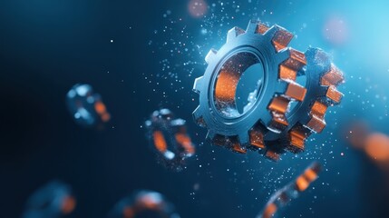 Dynamic shot of metal gears in motion with vibrant sparks, symbolizing innovation and progress in industrial and technological fields, evoking a sense of advancement.