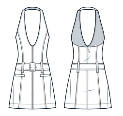 Halter Neck Dress technical fashion Illustration. Denim mini Dress fashion flat technical drawing template, low neck, back zipper, pockets, front and back view, white, women Dress CAD mockup.