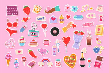 Cartoon set of of Valentines Day and Love with romantic icons and stickers. Collection of cute design objects: hearts, sweets, gifts, berries. Doodle icons pack for daily planner, scrapbooking, print