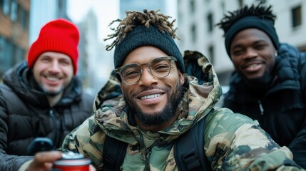 Fototapeta premium Three friends wearing winter attire are smiling and holding drinks while enjoying an outdoor urban environment, exhibiting camaraderie and warmth in the cold weather.