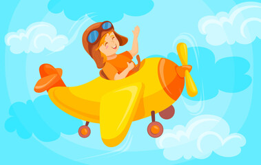 Kid flying airplane. Child boy fly in plane, kids tourism air adventure little pilot propeller aircraft aeroplane toy baby cartoon airman freedom flight, neat vector illustration © ssstocker
