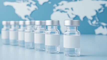 A row of clear vials is displayed against a world map background, symbolizing global health and vaccination.