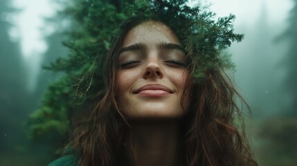 In a mystical forest scene, a serene woman adorned with lush green foliage headdress peacefully closes her eyes, becoming one with nature's gentle mist and tranquility.