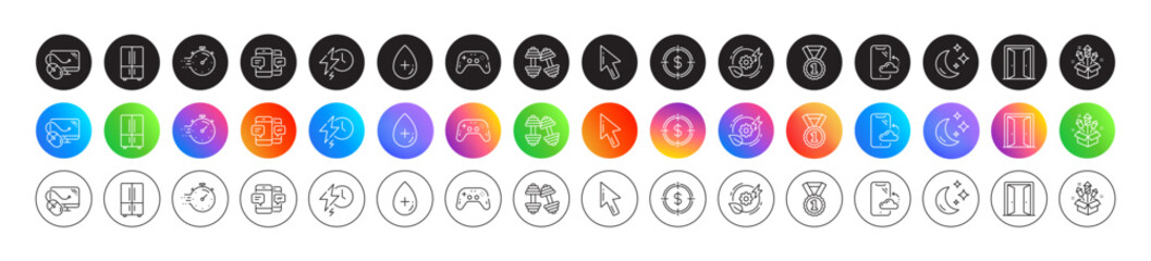 Smartphone sms, Green energy and Fireworks rocket line icons. Round icon gradient buttons. Pack of Best rank, Timer, Gamepad icon. Charging time, Smartphone cloud, Dumbbells pictogram. Vector