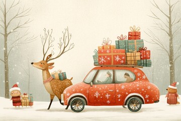 Whimsical Christmas card design with anthropomorphic deer and animals carrying gifts on wheels, festive hand-drawn illustration on beige background.