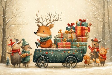 Whimsical Christmas card design with anthropomorphic deer and animals carrying gifts on wheels, festive hand-drawn illustration on beige background.