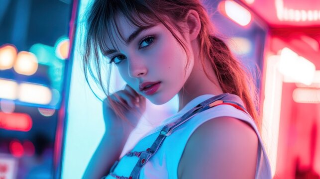 Young Woman in Neon Urban Lighting