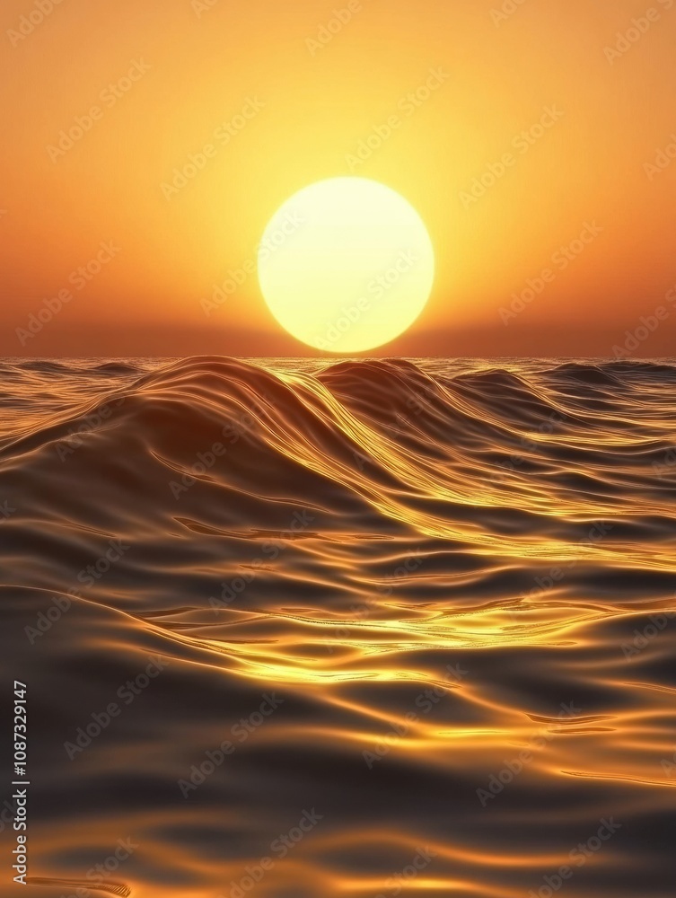 Poster bright sun setting over the horizon, illuminating the tranquil ocean waves with a warm golden hue in