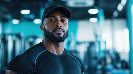 A confident man wearing a black shirt stands in a modern gym environment, embodying strength, focus, and a determined approach to physical wellness.