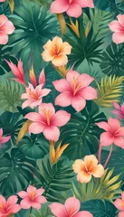 Fototapete Rund Tropical exotic pattern with animal and flowers in bright colors and lush vegetation © Meditelle