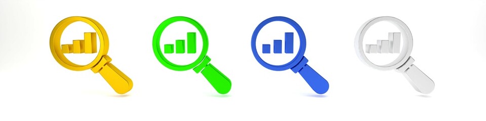 Colorful Magnifying glass and data analysis icon isolated on white background. Minimalism concept. 3D render illustration