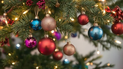 Christmas tree branch adorned with colorful ornaments and twinkling lights, perfect for holiday designs, ornaments