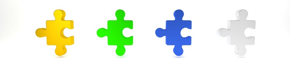 Colorful Piece of puzzle icon isolated on white background. Business, marketing, finance, layout, infographics, internet concept. Minimalism concept. 3D render illustration