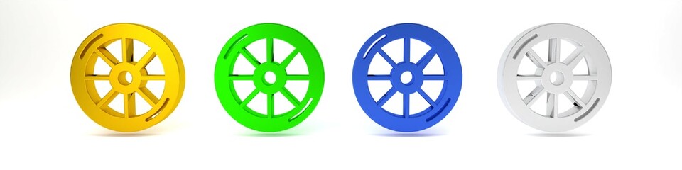 Obraz premium Colorful Bicycle wheel icon isolated on white background. Bike race. Extreme sport. Sport equipment. Minimalism concept. 3D render illustration