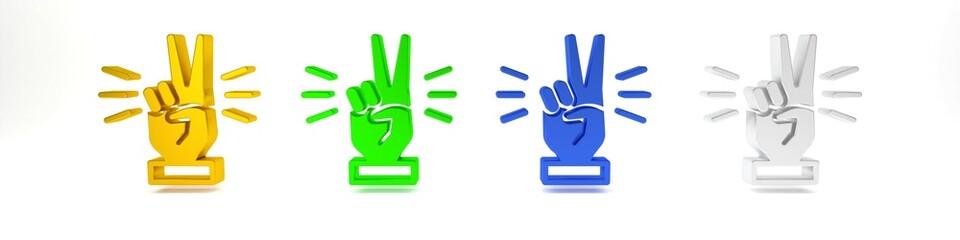 Fototapeta premium Colorful Hand showing two finger icon isolated on white background. Victory hand sign. Minimalism concept. 3D render illustration