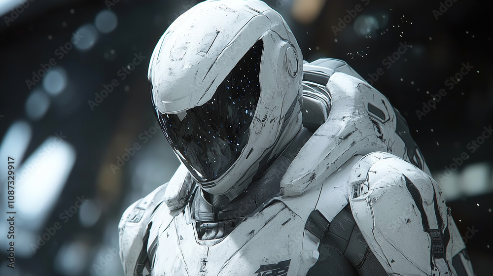 Poster futuristic astronaut in sleek white suit exploring a distant planet during a visually stunning space